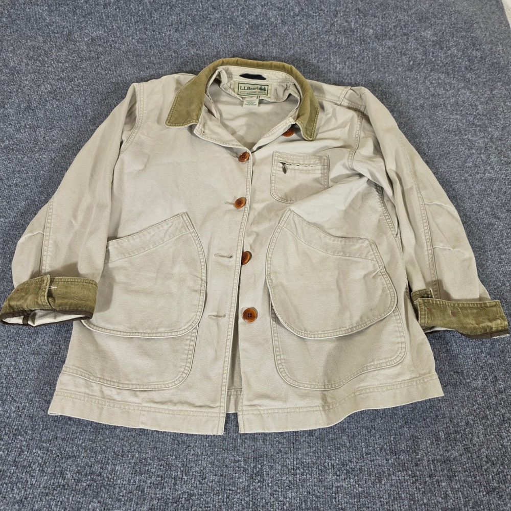 LL Bean Womens Medium Khaki Cotton Canvas Barn Field Coat Corduroy Trim Jacket